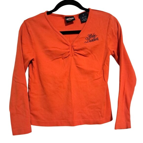 Vintage Y2K Harley Davidson Orange Long Sleeve Top Womens Small Ruched V-Neck 20 - Picture 1 of 6